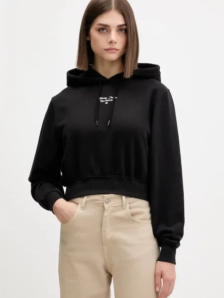 Bombažen pulover Tommy Jeans s kapuco črna