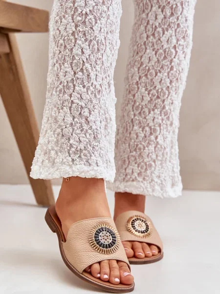 Kožené pantofle Lewski Shoes na plochém podpatku béžové