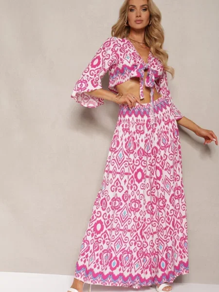 Fuksjowy Komplet Bluzka Kopertowy Wiązany pod Biustem Szerokie Spodnie z Gumką w Talii Viknelas różowa