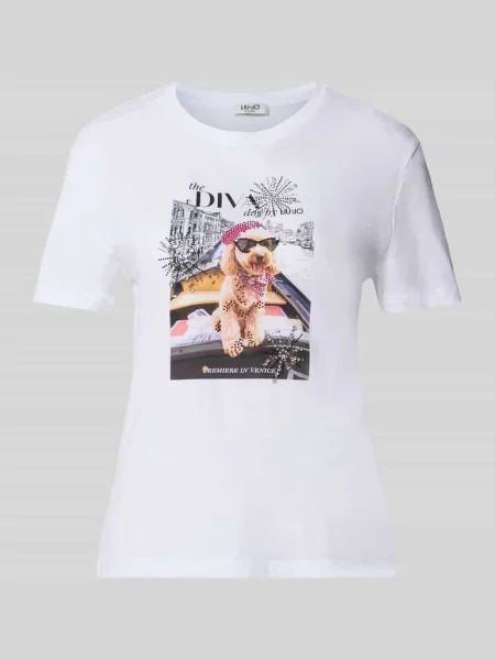 T-shirt o kroju slim fit z obszyciem z kamieni stras Liu Jo White biała