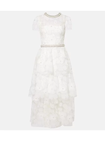 Rochie midi Self-portrait din tul până la genunchi cu mărgele alb