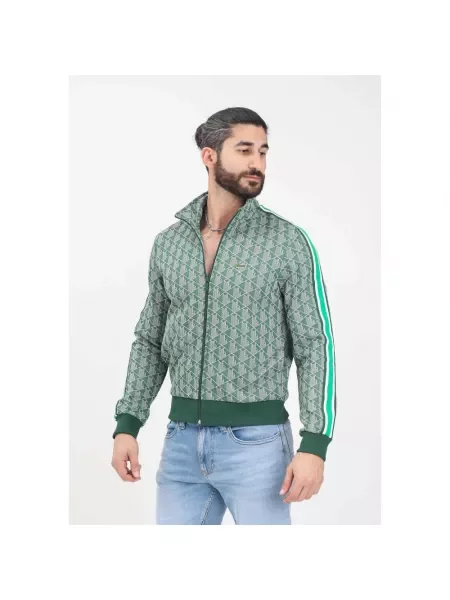 Bluza Lacoste ze stójką żakardowa z nadrukiem zielona