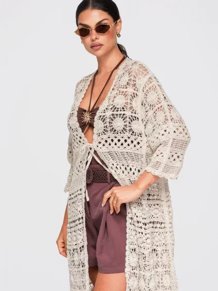 Lung cardigan Ombre cu broderie maro