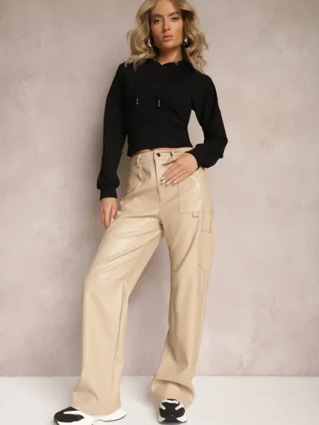Pantaloni deschis imitație piele largi Narash bej