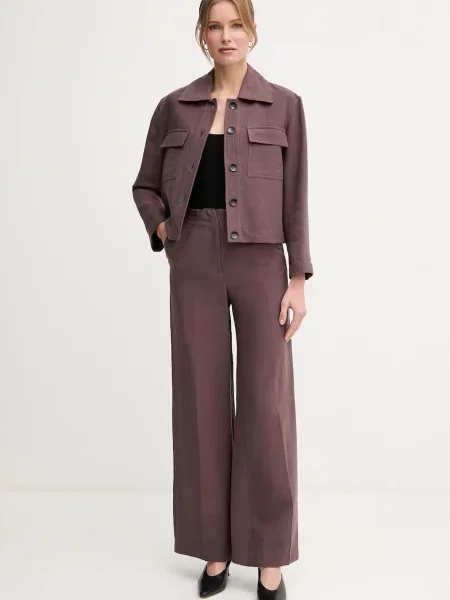 Pedro del Hierro spodnie z domieszką lnu szerokie high waist brązowy