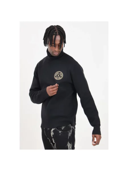 Lniany sweter z golfem Versace Jeans Couture z logo do golfa czarny