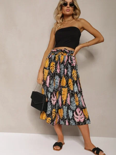 Pantaloni Negru-Portocaliu Suede cu Talie Înaltă în Talie Pasefia negru