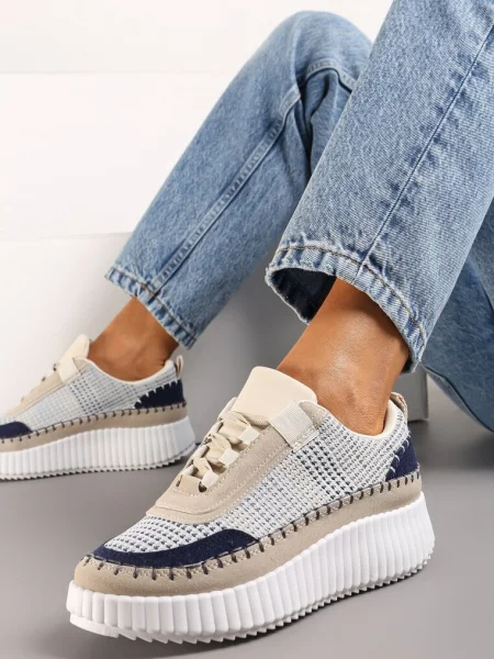 Sneakers Bej-Albastru pe Platformă cu Inserții de Tweed și Zirconiu Eganna bej