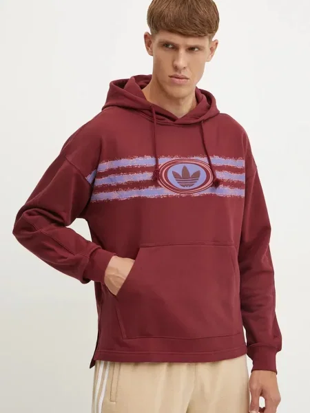 Bombažen pulover adidas Originals bordo s kapuco