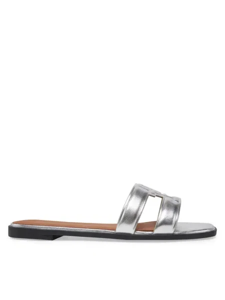 Saboți Tommy Hilfiger din piele cu bretele cu autograf argintiu