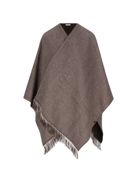 Poncho Brunello Cucinelli cu franjuri cu model herringbone maro