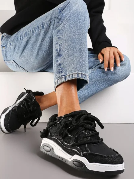 Sneakers cu perforații și inserții din cu șireturi decorative Luneth negri