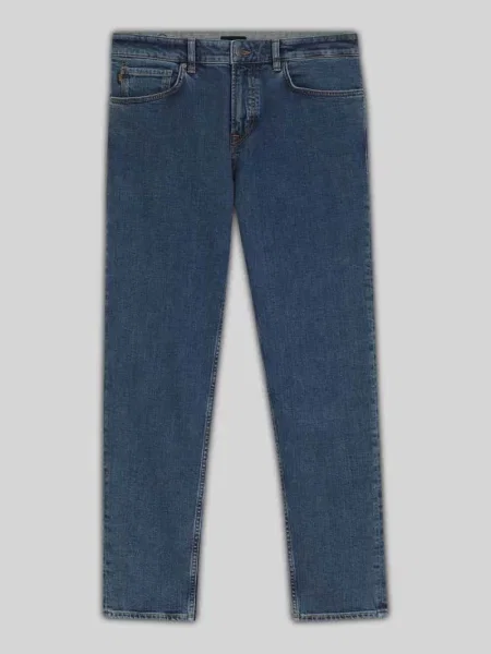 Jeansy o kroju straight fit z mieszanki bawełny z naszywką z logo Boss Orange niebieskie