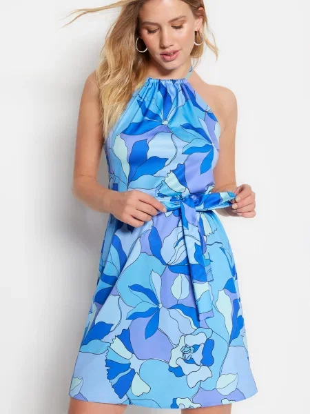 Cu centură rochie mini Trendyol țesută în linie A albastru