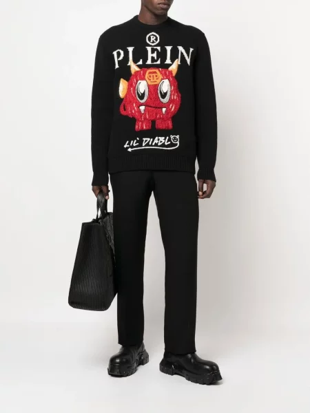 Siuvinėtas megztinis Philipp Plein apvaliu kaklu juoda