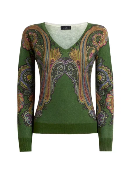 Pulover Etro de mătase cu imagine cu decolteu în V verde
