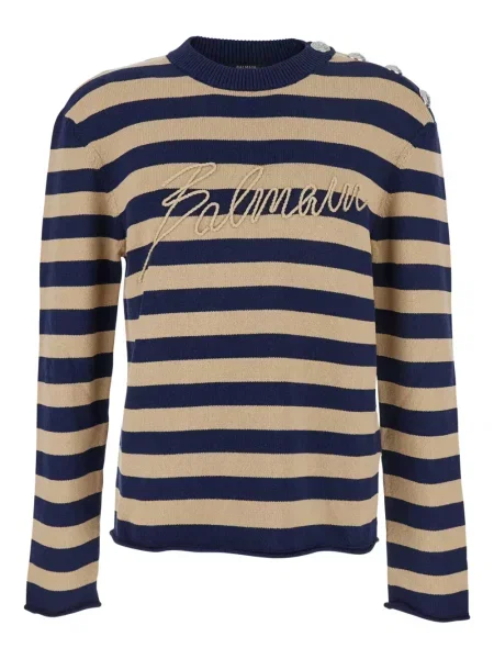 Pulover Balmain cu broderie cu dungi maro