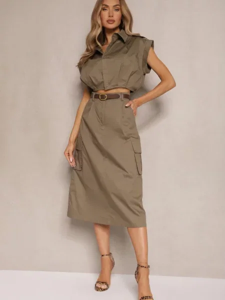 Ciemnozielony Komplet w Stylu Utility Koszula Cropped Bez Rękawów i Spódnica z Notcha zielona