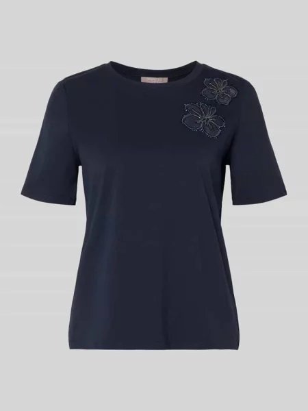T-shirt z kwiatowymi aplikacjami i okrągłym dekoltem Christian Berg Woman Selection granatowa