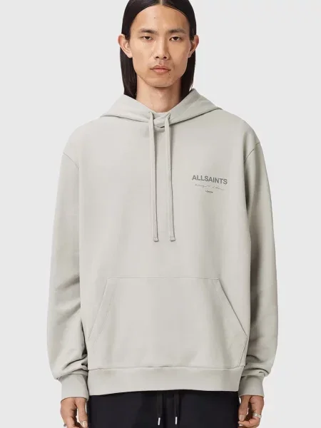 Суичър с качулка Allsaints с качулка с принт сиво