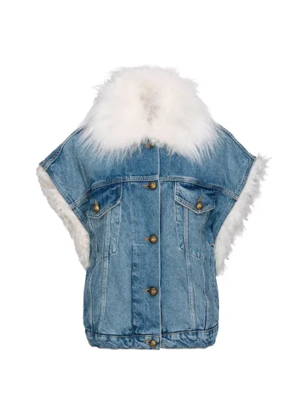 Kamizelka jeansowa Pinko z futerkiem niebieska