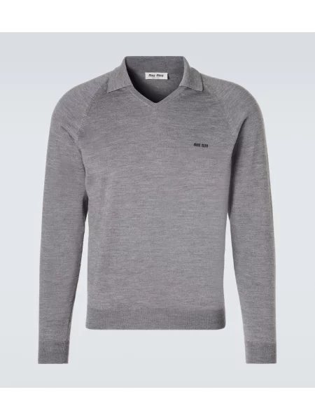Tricou polo Miu Miu de lână gri