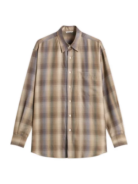 Koszula Auralee wełniana w kratę niebieska