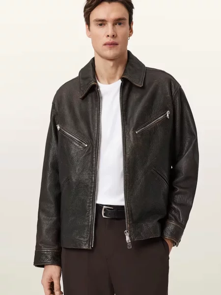 AllSaints jachetă pentru bărbați din piele STARDAY negru