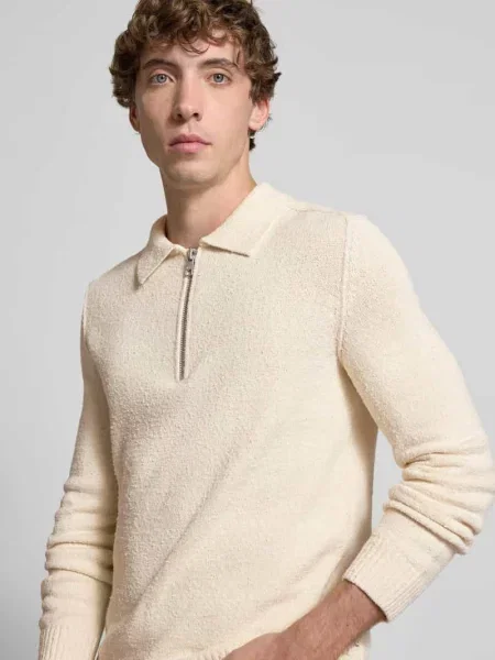 Sweter o kroju relaxed fit w stylu polo z dzianiny z mieszanki bawełny Marc O'polo Denim biały