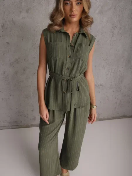 Ciemnozielony Komplet z Spodnie Wide Leg i Koszula Bez Rękawów z Paskiem Adduin zielona