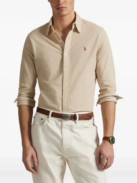 Вълнена поло тениска Polo Ralph Lauren с връзки с принт синьо