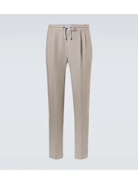 Lněné plisované kalhoty Brunello Cucinelli šedé