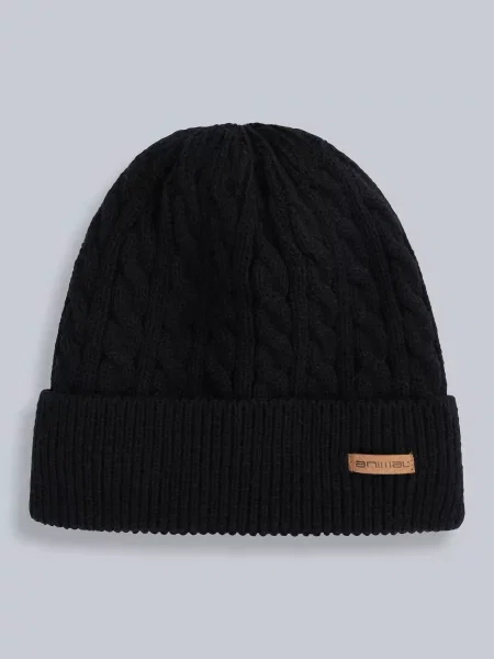 Drew — czapka zimowa z futerkiem i splotem warkoczowym Black czarna