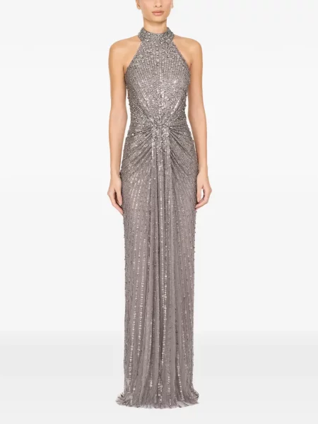 Lung rochie Jenny Packham cu gât halter gri