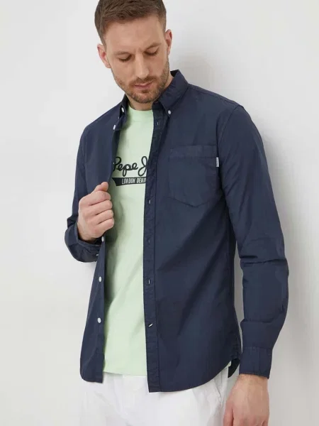 Риза Pepe Jeans Prince мъжка със стандартна кройка с яка с копче тъмносиньо