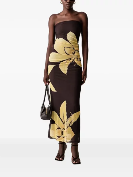 Rochie maxi Bardot cu model floral cu imagine maro