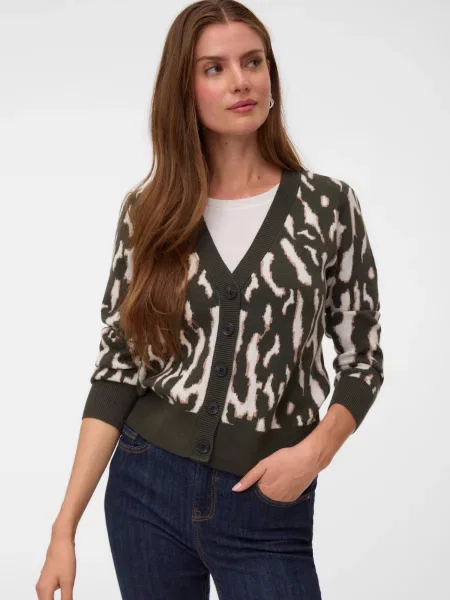 VERO MODA Geacă tricotată VMNANCY ecru / maro caramel / închis verde