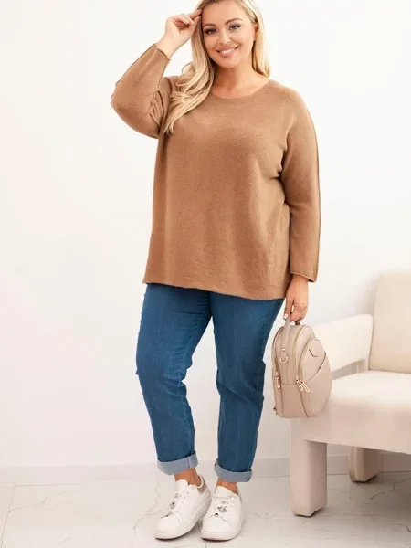 Kesi Włoski Dámsky sveter plus size s lodičkovým výstrihom camelový modrá
