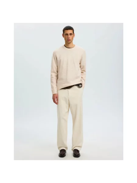 Sweter Selected Homme wełniany z okrągłym dekoltem beżowy