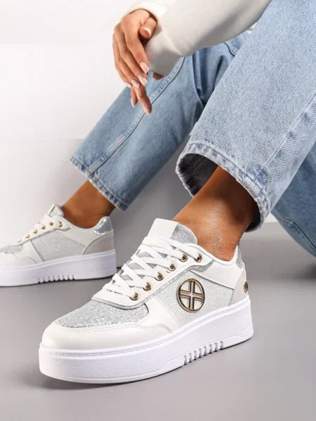 Sneakersy z Metalicznymi Wstawkami i Brokatem na Grubej Podeszwie Xaneta białe