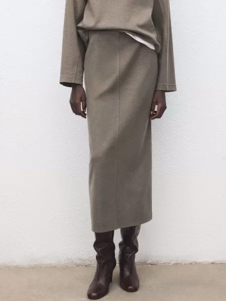 Спідниця міді MANGO поліестер/віскоза сірий