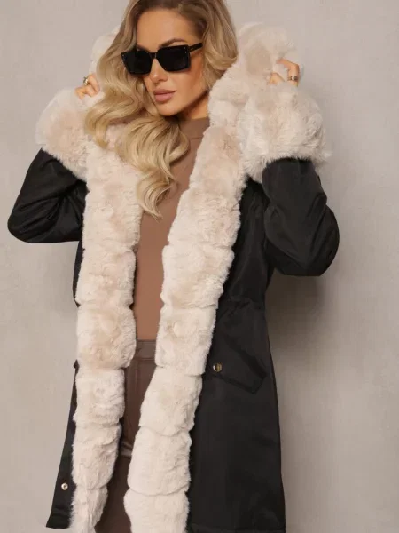 Czarno-Beżowa Kurtka Parka z w Talii i Kapturem z Futerkiem Hizontia czarna