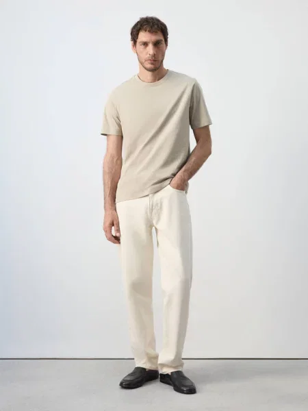 Koszulka slim fit piaskowy Mężczyzna XS MANGO MAN