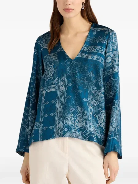 Długa bluzka Momoni z dekoltem w serek niebieska