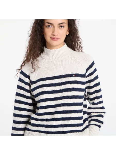 Πουλόβερ Tommy Hilfiger Cotton Blend Mock-Neckk Ls Sweater Htr Oatmilk/ Dark Navy Eng Stp S σκούρο μπλε