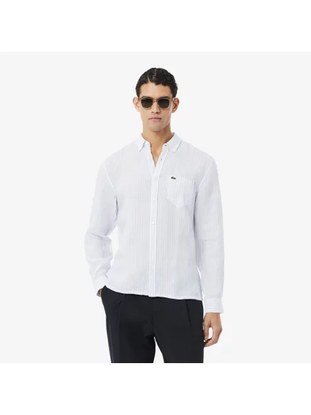 Lacoste Lniana Koszula Button-Down W Paski Regular Fit niebieska