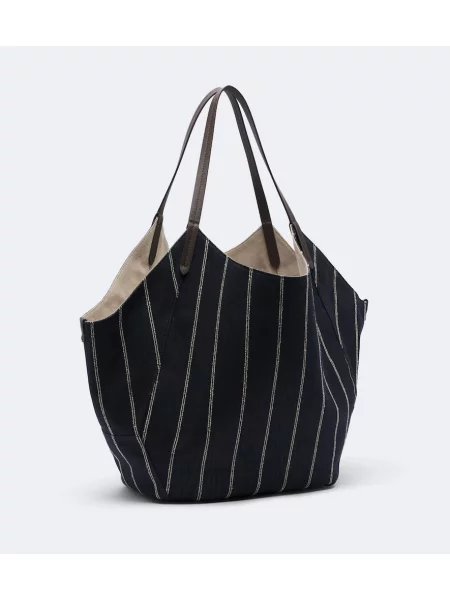 Geantă shopper Brunello Cucinelli cu dungi din canvas albastru