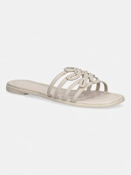 Tommy Hilfiger papuci pentru femei cu vârf deschis din piele TH SCRIPT FLAT MULE LTH bej