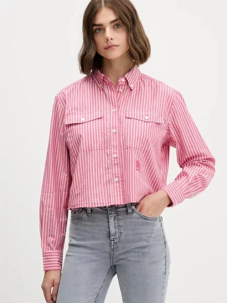 Риза Tommy Jeans дамска със свободна кройка с класическа яка червено