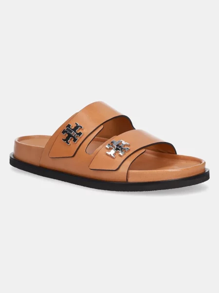 Tory Burch șlapi de piele T Lock Sport Slide maro